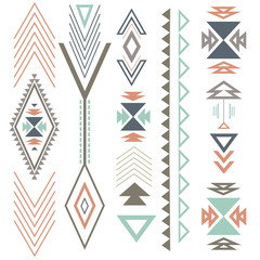 Ethnic boho summer ornament with geometric design elements and arrows. In colour flat design. - 131656507