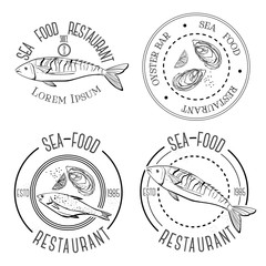 Hand drawn. Set of vintage fish market or restaurant logo, labels, emblems and designed elements - 131656751