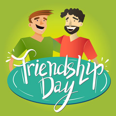 Two happy friends. Friendship Day. Flat design illustration with hand drawn lettering for your design. - 131656758