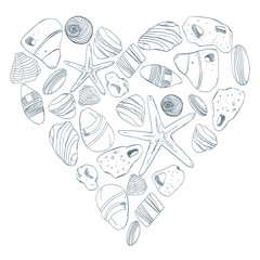 Hand drawn. Sea stones  and shell seamless pattern  heart post card.Can be used like post card, background or banner  - 131657112