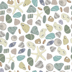 Hand drawn. Sea stones  and shell seamless pattern.Can be used like post card, background or banner - 131657133