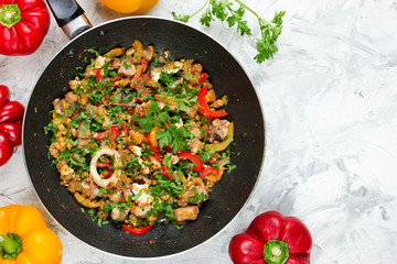 Seafood fried on pan with pepper egg and parsley