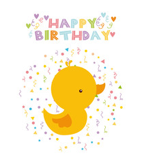 happy birthday card with cute duck icon over white background. colorful design. vector illustration
