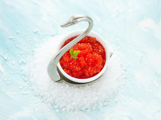 Red caviar luxury food, traditional russian appetizer