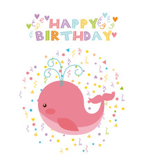 happy birthday card with cute whale icon over white background. colorful design. vector illustration