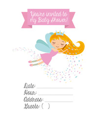 Baby shower invitation card with cute fairy tale girl icon. Colorful design. Vector illustration