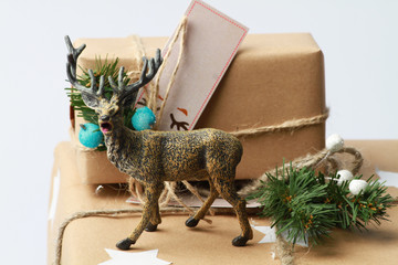 Handmade gift box with deer. New year present.