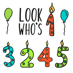 Candles, colorful numeral , isolated on white background. Kids vector set with balloons to design holiday cards and posters for a birthday