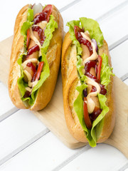 hot dog on a wooden table