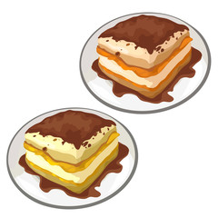 Delicious chocolate cake on plate. Vector desserts