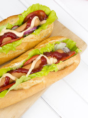 hot dogs on a wooden table