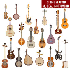 Fototapeta premium Vector set of string plucked musical instruments isolated on white background