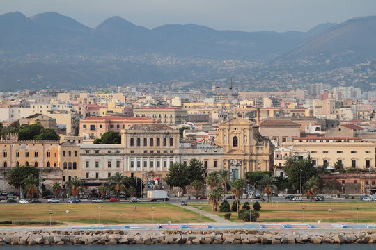 Square on embankment and city. Palermo, Italy
