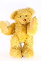 Süßer alter Teddybär, stehend, vor weiße, Hintergrund