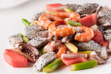 Fried seafood and fruit
