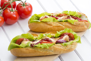 hot dogs on a wooden table