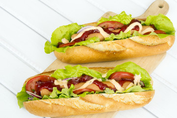 hot dogs on a wooden table