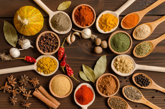 Set of Indian spices on wooden table - Top view