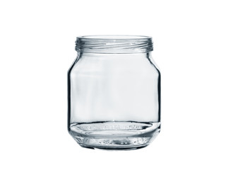 little empty glass jar without a lid isolated on a white background
