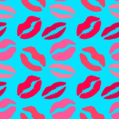 Seamless pattern with lips print. Vector illustration with lips in different shapes, colors. Beauty salon makeup color swatch 