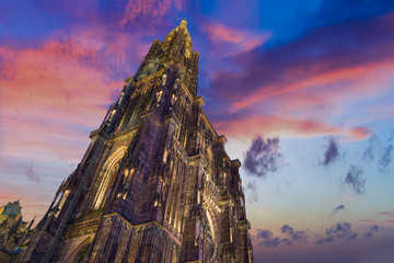 View of Strasbourg Cathedral from ground. Alsace - obrazy, fototapety, plakaty