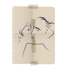 Drawing of a couple kissing on a sheet of torn paper and taped with tape