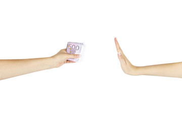 Women's hand is giving money another hand on white background.