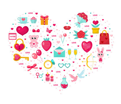 Valentines Day icon set in heart shape. Template for greeting card, poster, flyer. Love, romance collection. Vector illustration