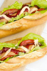hot dogs on a wooden table