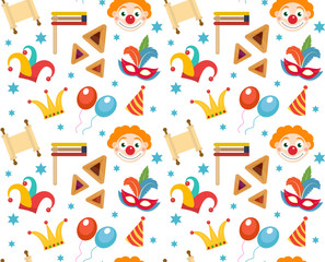 Purim seamless pattern with carnival elements. Happy Purim Jewish festival, carnival, endless background, texture, wallpaper. Vector illustration