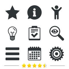 Star and menu list signs. Checklist, gear.