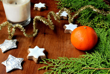 christmas decorations staying on the wood table