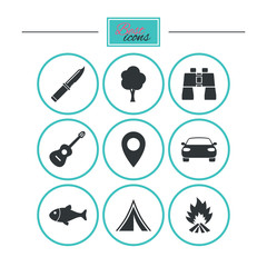 Camping, tourism icons. Fishing, guitar music.
