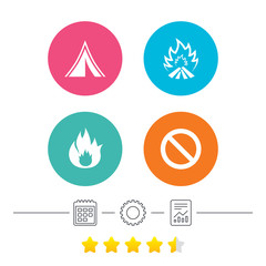 Tourist camping tent sign. Fire flame icons.