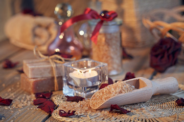 Composition of spa treatment. Natural handmade soap and sea salt