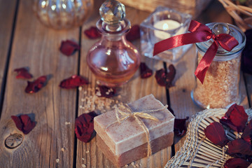 Composition of spa treatment. Natural handmade soap and sea salt