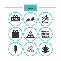 Christmas, new year icons. Gift box, fireworks.