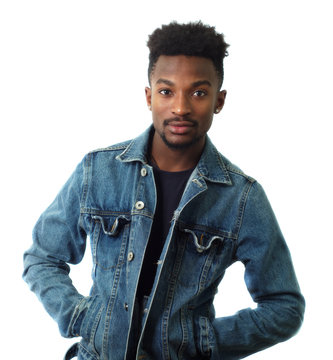 Young Man On White Background Studio Blue Jeans Jacket