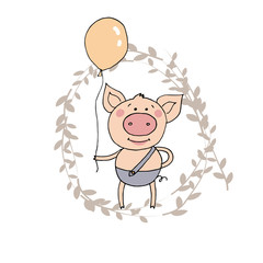 Cute little pig standing with the balloon in a hand