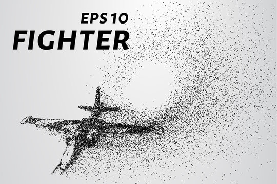 Fighter of the particles. The silhouette of the aircraft consists of small circles and dots.