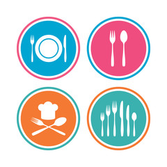 Plate dish with forks and knifes icon. Chief hat.