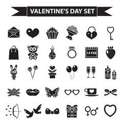 Valentines Day icon set, black silhouette style. Love, romance, wedding collection signs, symbols, isolated on white background. Vector illustration clip-art