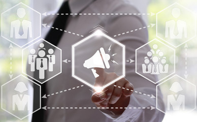 businessman presses megaphone button. Businesswoman touching loudspeaker icon. Businessman shouting in megaphone. Man announcing through loudspeaker advertising. Announcing promotion, banners concept