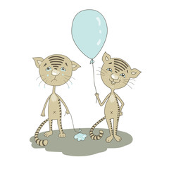 Cute sad cat crying. Smiling cartoon cat standing with balloon