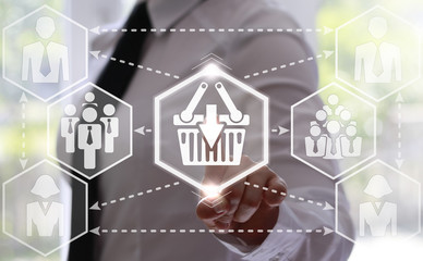 businessman presses basket button with a arrow. Businesswoman touching icon basket with a pointer on touch screen. Business, buy concept. hexagon, add to shopping, on line store, shop, purchase, pay.