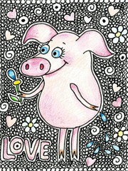 Happy pig with a flower in a hand. Cute piggy in cartoon style on white backgraund with hearts.
