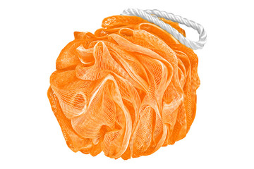 Soft orange bath puff or sponge or scrub, personal hygiene product isolated on white background,...