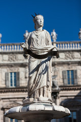 Ancient Statue of Fountain Madonna Verona on Piazza delle Erbe, Italy