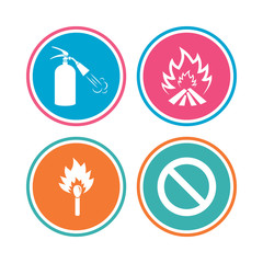 Fire flame icons. Prohibition stop symbol.