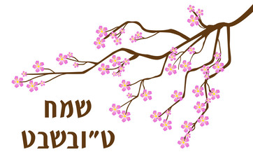Tu Bishvat greeting card, poster. Jewish holiday, new year of trees. Blooming tree. Vector illustration